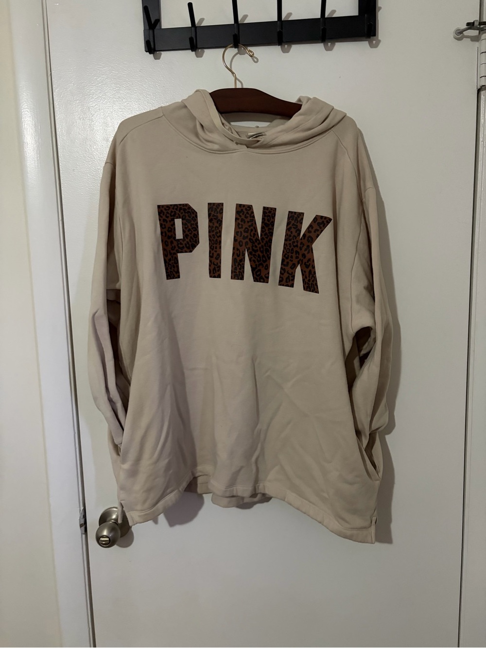PINK Victoria's Secret Beige Hoodie with Leopard PINK Lettering With POCKETS